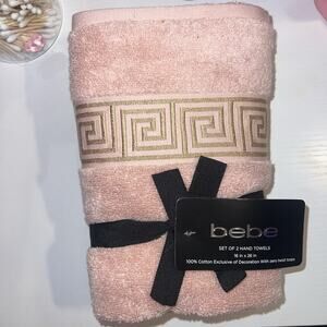 SET of 2 NEW BEBE PINK and GOLD 100% COTTON ZERO TWIST LOOP 16 x 26 HAND TOWELS